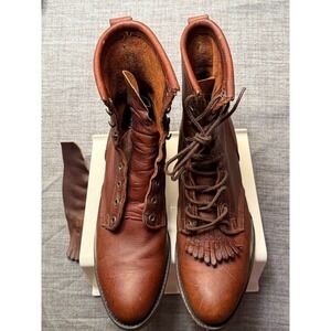 Santa Fe Boot Co. Vintage Brown Leather Kiltie Lace Up Work Boots with Vibram So